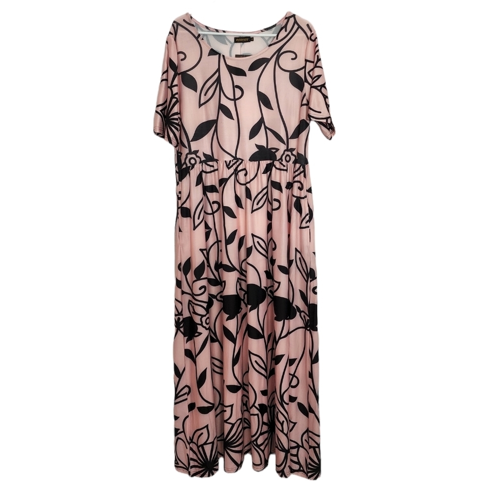 NWT Reborn pink black vine print short sleeve maxi dress SZ 1X